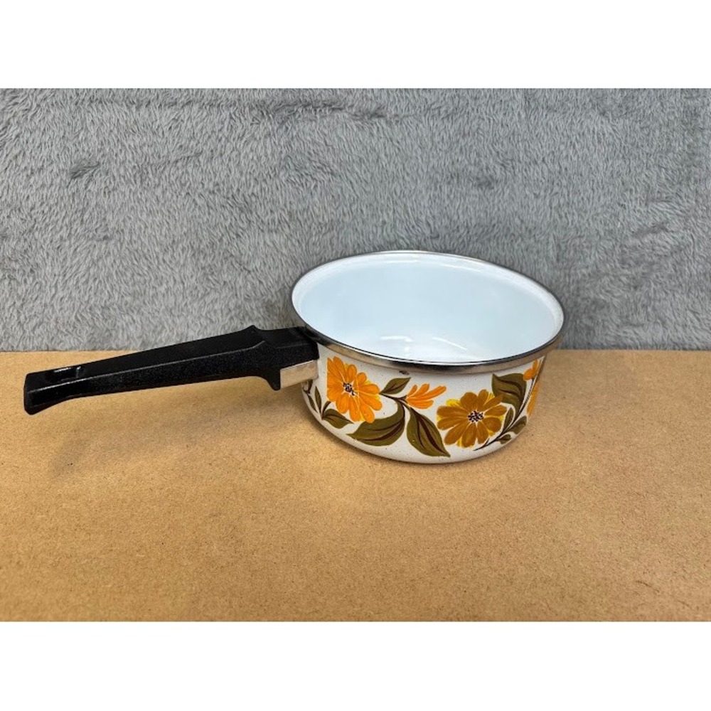 Vintage JMP Capri Spain Enamel Saucepan Yellow Orange Floral Retro 70s MCM Pot